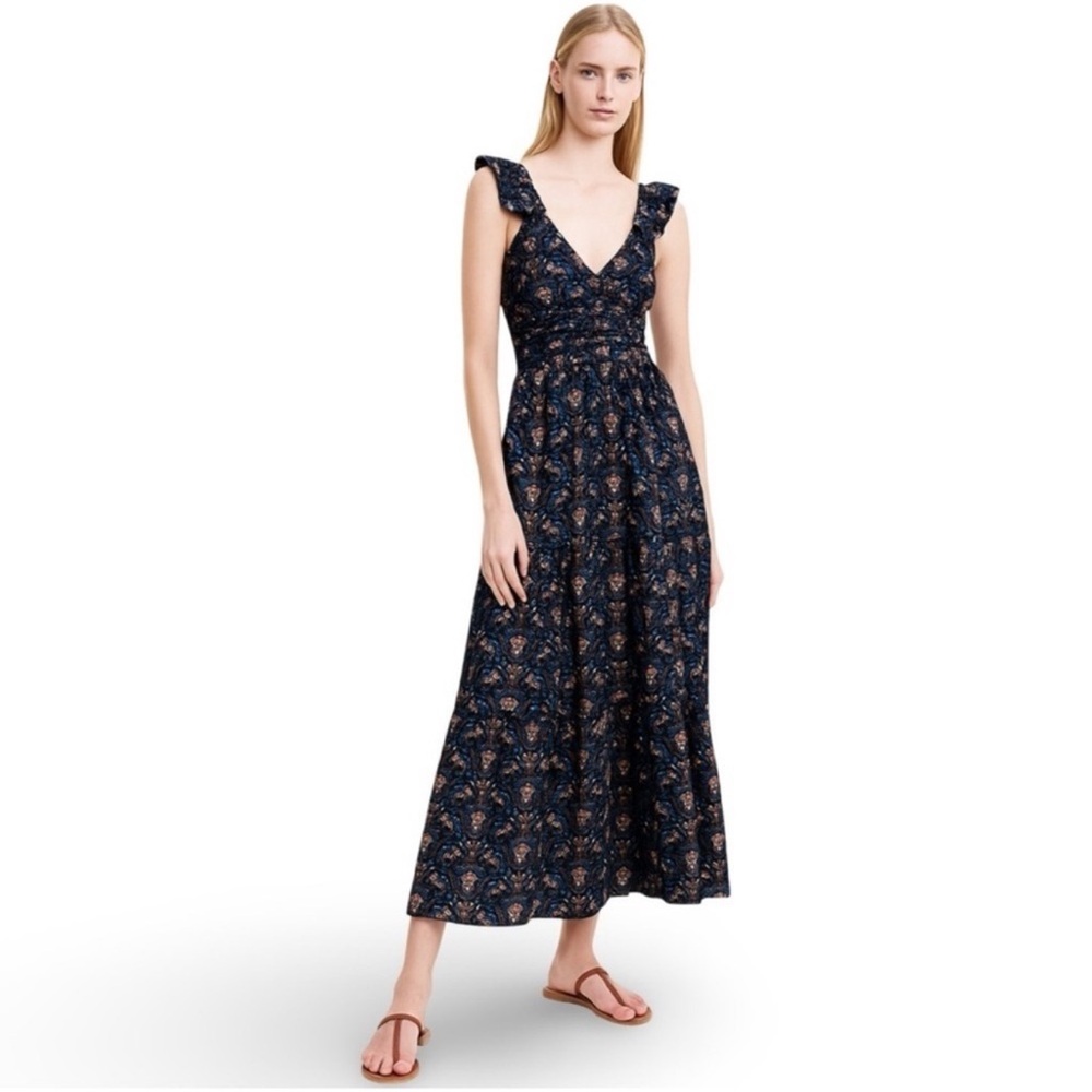 NWT Caroline Constas Navy Floral Ruffle Strap Midi Dress Size Small